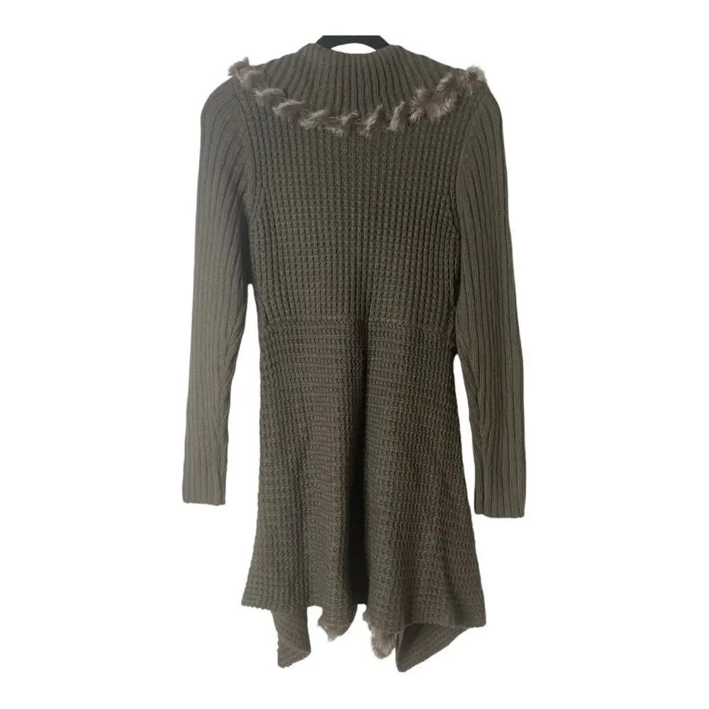 Moon River‎ Ribbed Knit Ruffle Olive Green Faux Fur Tie Front Cardigan Medium